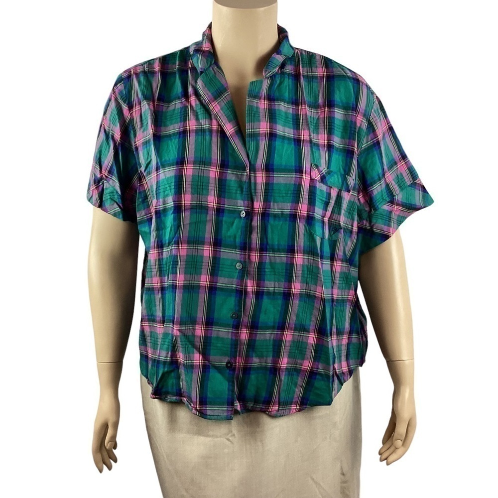 Victoria's Secret Pajama Top Size XXL Green Pink Plaid Short Sleeve